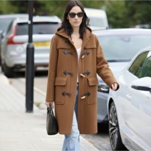 burberry Style Gloverall Classic Beige Wool Duffel Hooded Coat L to XL